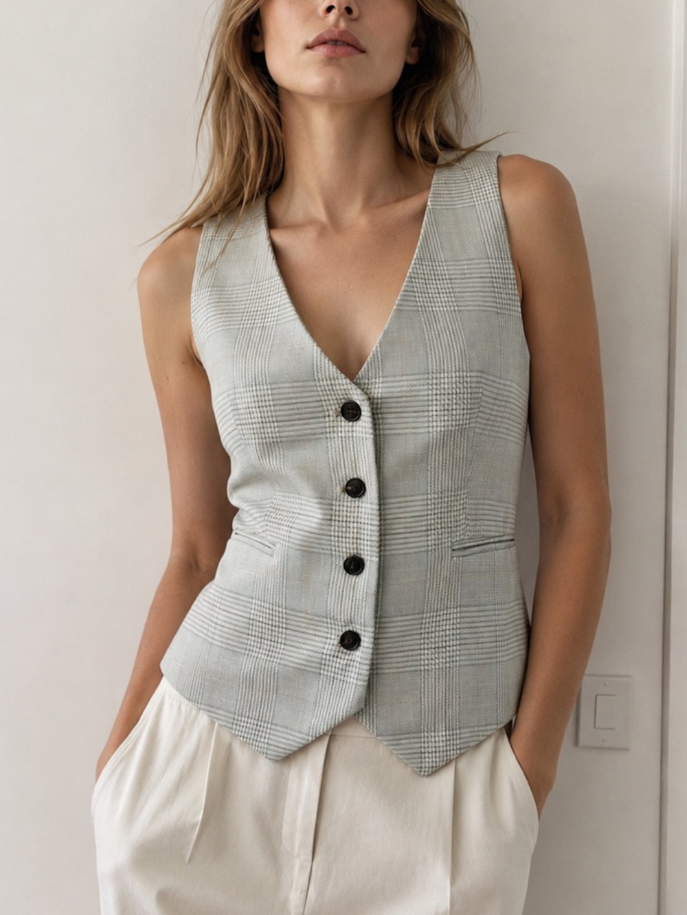 Zara Sage Green Plaid Tailored Vest Waistcoat S